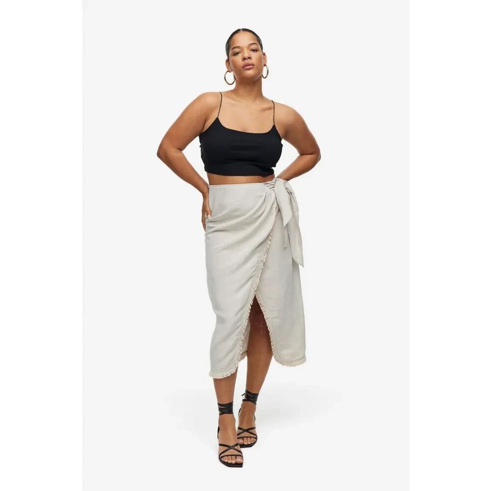 Women's Beige Linen Blend Midi Wrap Skirt Sz 10 Lagenlook Boho Coastal Vacation